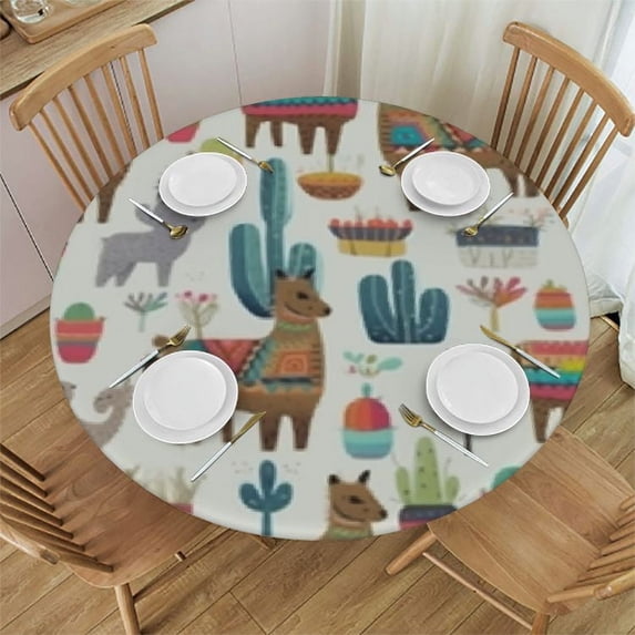 JEUXUS Alpaca and Cactus Pattern Round Tablecloth with Elastic Edge Waterproof Table Cover for Dinner Outdoor Picnic