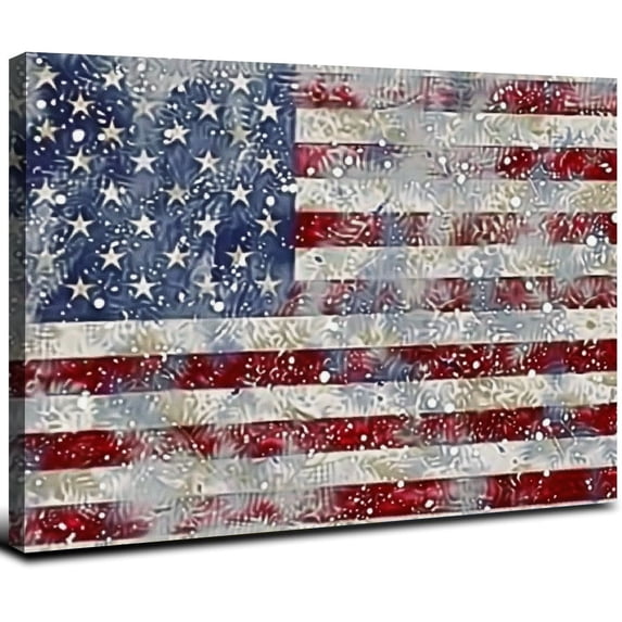 RUIYC American Flag Canvas Wall Art USA Old Glory Pictures Vintage Flag Artwork and the Stripes on Wooden Background Canvas Prints for Office Living Room Home Décor Framed Ready 16x12inch