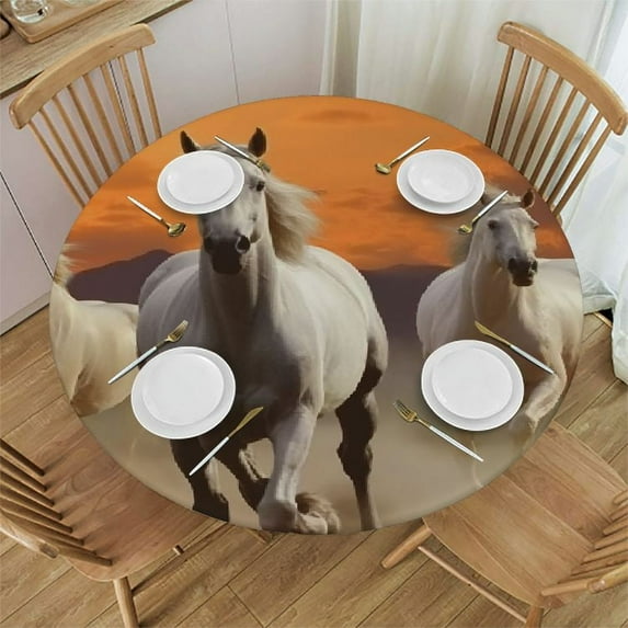 JEUXUS Animal Decor Round Tablecloth Fitted,Stallion Horses Running on Mystical Print Elastic Edged Polyester Table Cover, Fits Round Table Diameter, for Indoor Outdoor Patio Use,White Orange