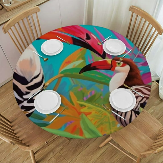 JEUXUS Animal Parrot Tropical Bird Round Tablecloth,Waterproof Table Cloth with Lace Edges Table Cover Kitchen Picnic Party