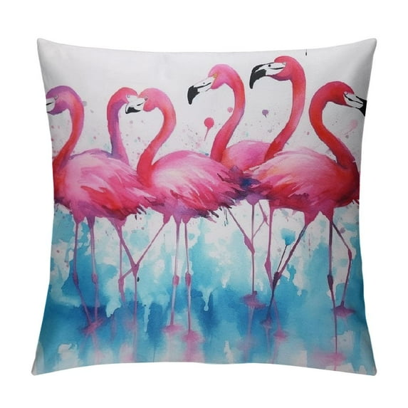 JEUXUS Animal Throw Pillow Cushion Cover, Flamingos Love Birds Feather Romance Brushstroke Splash Watercolor Effect, Decorative Square Accent Pillow Case, Pink Blue