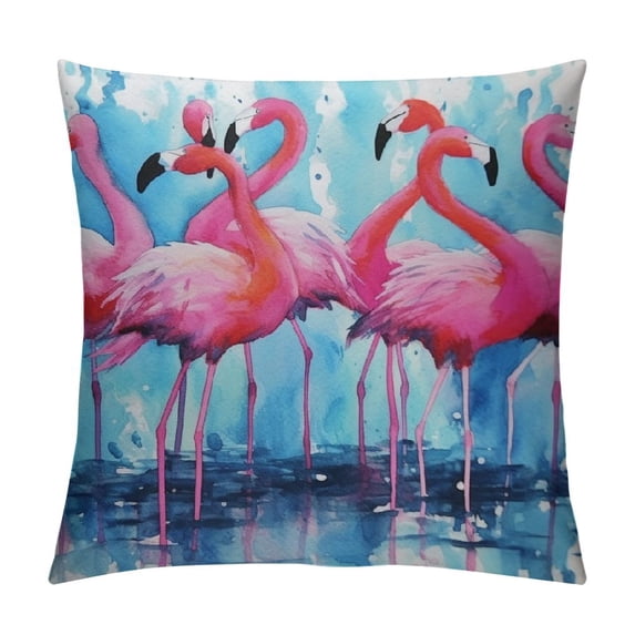 JEUXUS Animal Throw Pillow Cushion Cover, Flamingos Love Birds Feather Romance Brushstroke Splash Watercolor Effect, Decorative Square Accent Pillow Case, Pink Blue Purple