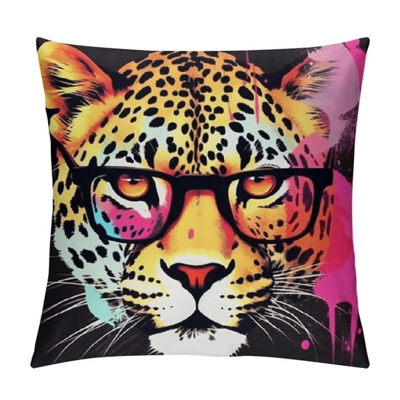 JEUXUS  Animal Throw Pillow Cushion Cover, Watercolor Style Portrait of Leopard Glasses Splashing Paint Art, Decorative Square Accent Pillow Case,  Orange Brown Pink