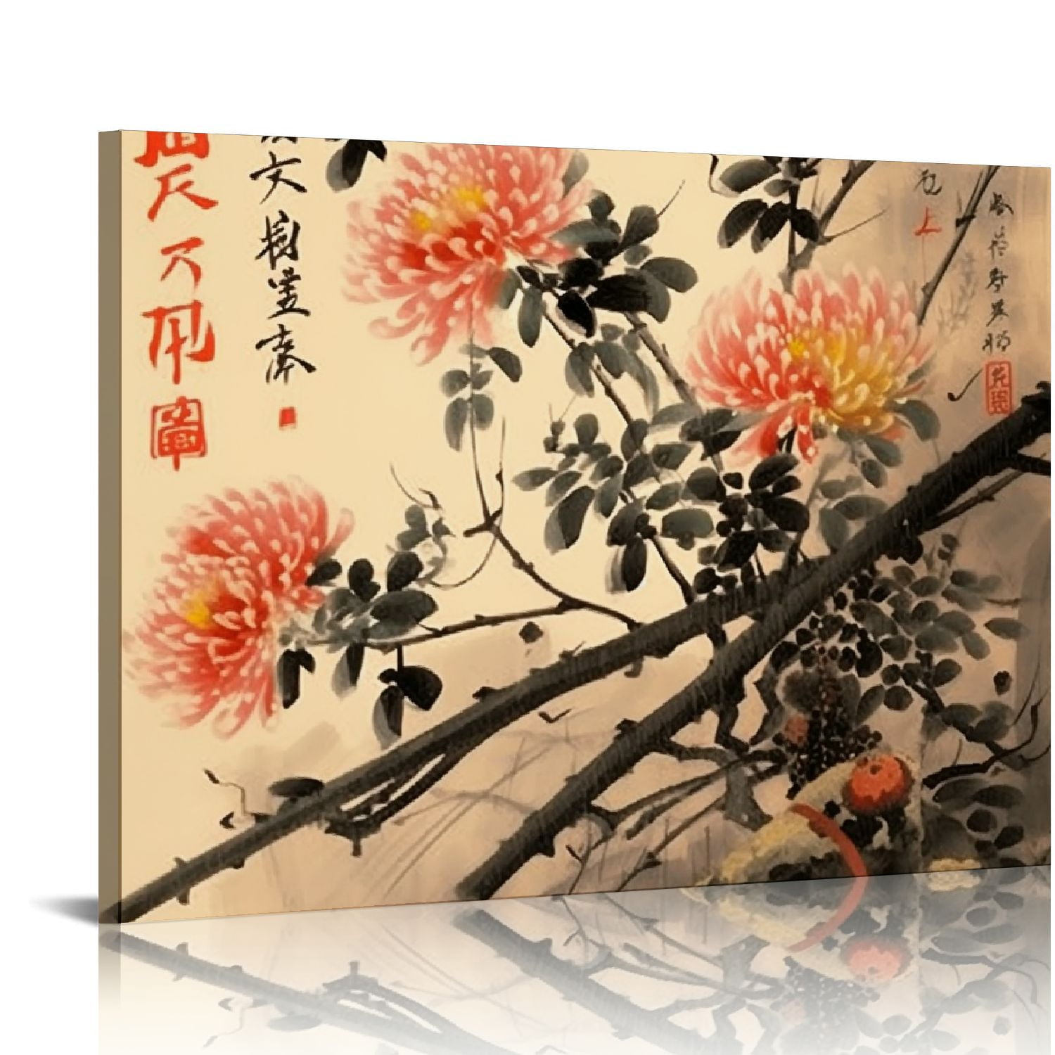 Set Of 4 Chinese Painting Canvas Prints - Plum, Orchid, Bamboo, Chrysanthemum Art (12x12 Inch) For Asian Wall Decor