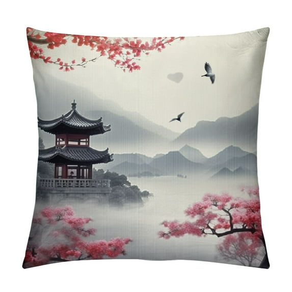 JEUXUS Asian Throw Pillow Cushion Cover, Japanese Style Garden Bird and Small Pavilion Over The Lake Lotus Waterlily, Decorative Square Accent Pillow Case, Grey Pink