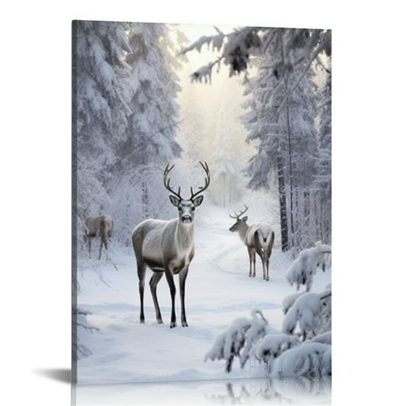 JEUXUS BACKYMRART Reindeer Prints Animal Poster Winter Canvas Wall Art Nordic Christmas Snow Covered Trees Home Decor Artwork Print Room