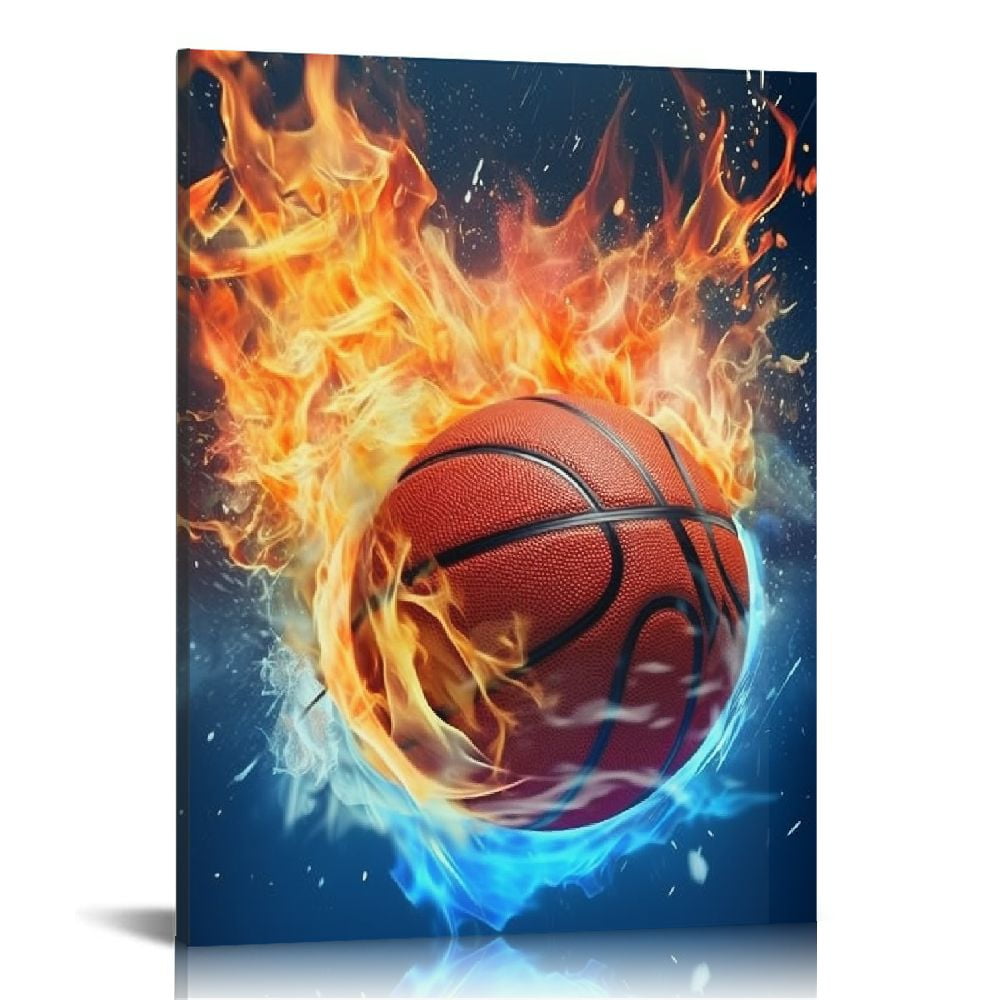 JEUXUS Basketball Canvas Wall Art, Cool Sport Ball on Fire and Water