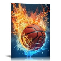 JEUXUS Basketball Canvas Wall Art, Cool Sport Ball on Fire and Water Abstract Giclee Print Home Decor Ready to Hang, 12x16 Inch
