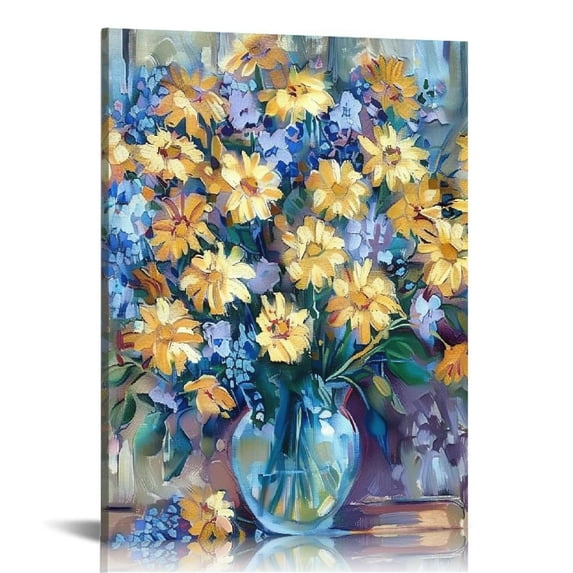 JEUXUS Bathroom Decor Wall Art Rustic Flower Pictures Wall Decorations for Bedroom Vintage Blue Theme Canvas Framed Artwork Printed & Ready to Hang for Office Farmhouse Living Room Decor