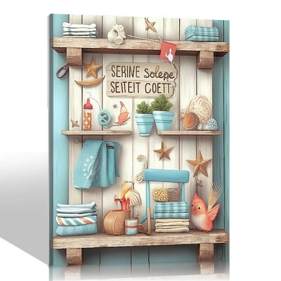 JEUXUS Bathroom Picture For Wall Rustic Bathroom Canvas Wall Art Blue Bathroom Pictures Beach Theme Bathroom Signs Painting Home Decorations For Bathroom Framed Ready To Hang 16x20 inch