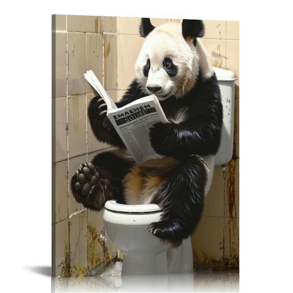 JEUXUS Bathroom Wall Art Cute Panda Sitting on Toilet Reading Newspaper ...