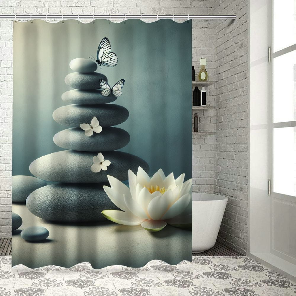 JEUXUS Bathroom Zen Water Lily Shower Curtain, White Flower and