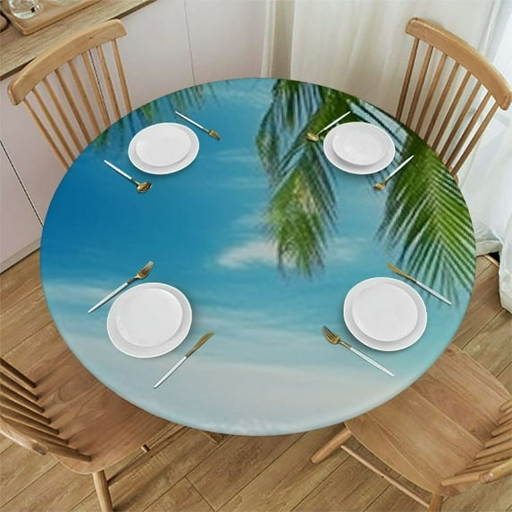 JEUXUS Beach Sand Round Fitted Tablecloth with Elastic, Round Elastic Tablecloth, Non Slip Fitted Table Cover, Waterproof Circle Tablecloth for Home Kitchen Dining Patio