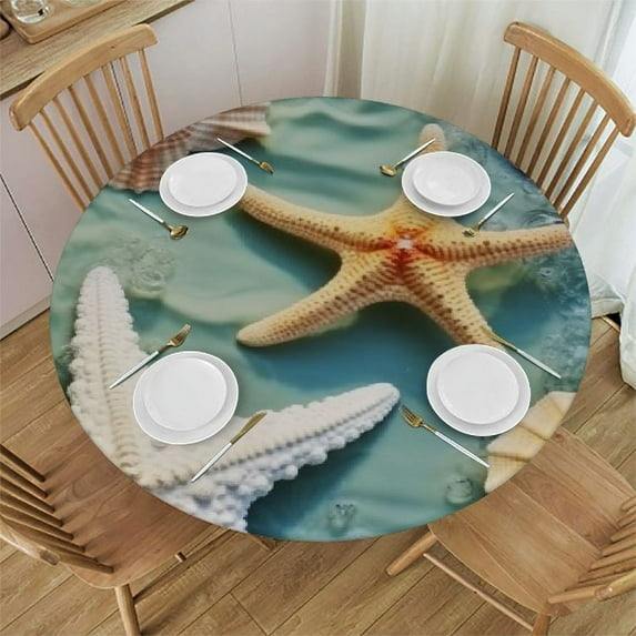 JEUXUS Beach Starfish Shell Round Tablecloth Washable Reusable Decoration Table Cover for Kitchen Party