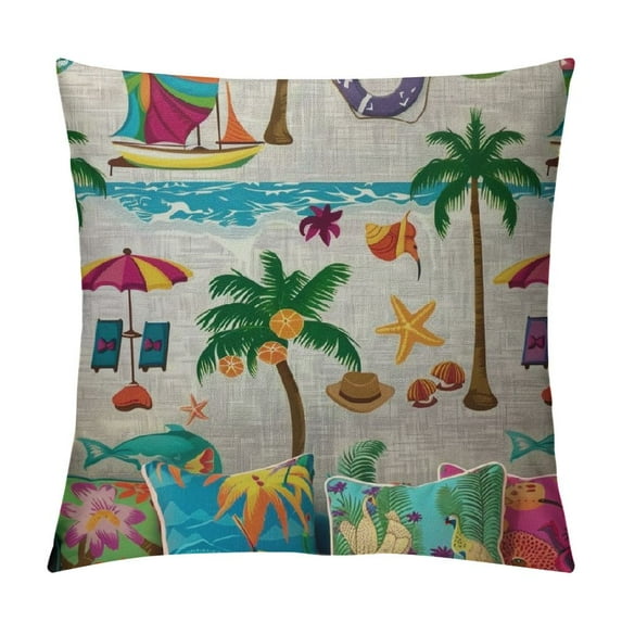 JEUXUS Beach and Tropical Pillow Case Summer Happy Cool Party Cartoon Coconut Tree Home Decor Throw Cushion for Sofa Couch Car Bedroom Square Pillow Cover
