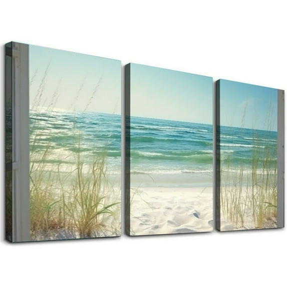 JEUXUS Beach Window Wall Art Canvas: Relaxing Bedroom Living Room Blue Ocean Coastal Scene Picture Modern Tropical Sea Landscape Painting Print Decor Horizontal Summer Seascape 12''x16''X3 Panels