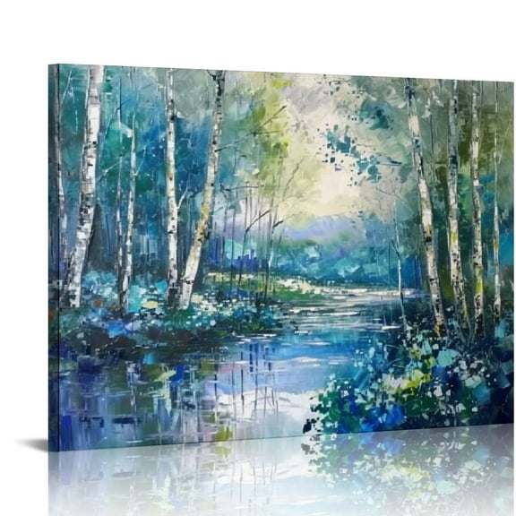 JEUXUS Birch Tree Wall Art Canvas Blue Landscape Nature Forest Painting Teal Mountain River Picture, Artwork Textured Framed for Living Room Bedroom Home Office Wall Décor