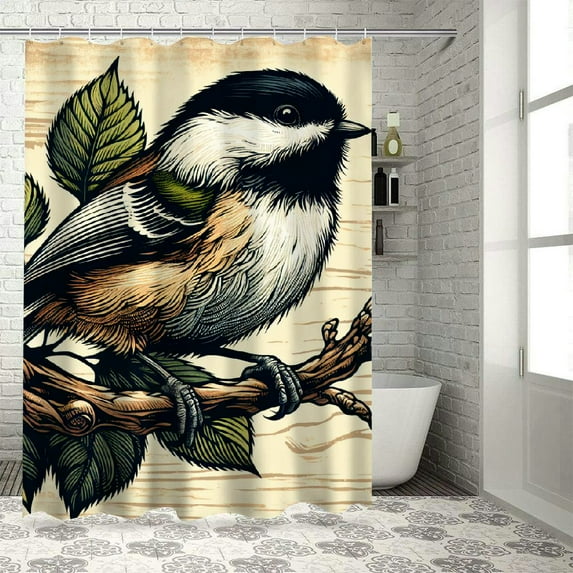 JEUXUS Bird Art Colorful Birds on Reed Branch Vintage Rustic Hummingbird Textured Chickadees Pictures Shower Curtain for Bathroom Decoration White