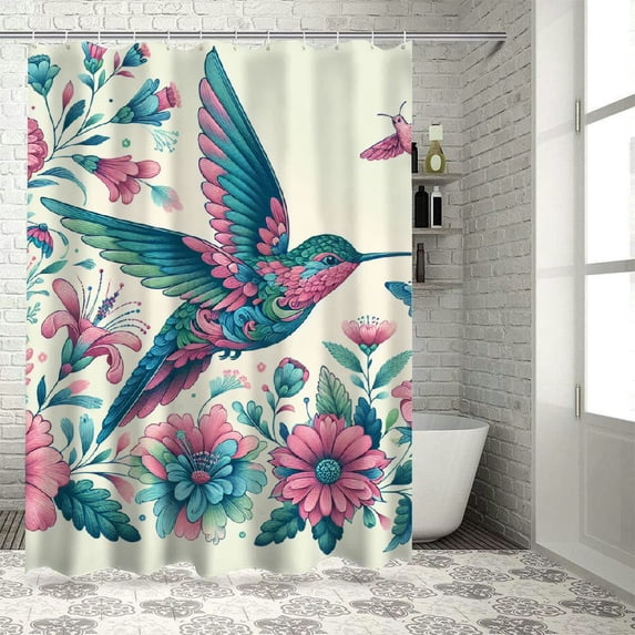 JEUXUS Bird Colorful Flowers Print Bathroom Shower Curtain Set with Hooks Waterproof Multiple Sizes White