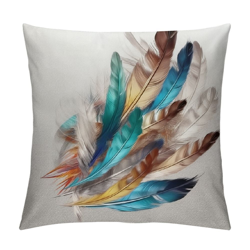 JEUXUS Bird Feather Throw Pillow Cover Teal Brown Turquoise Feather Decorative Pillow Case Home