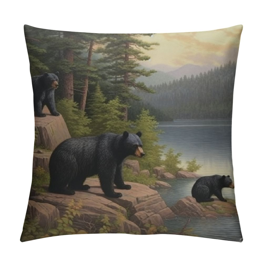 JEUXUS Black Bears Throw Pillow Case Cover Animal Jungle River Forest
