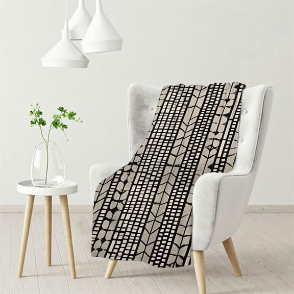JEUXUS Black & Beige Woven Cotton Blend Blanket with Fringe Throw, One Size fits All, Black