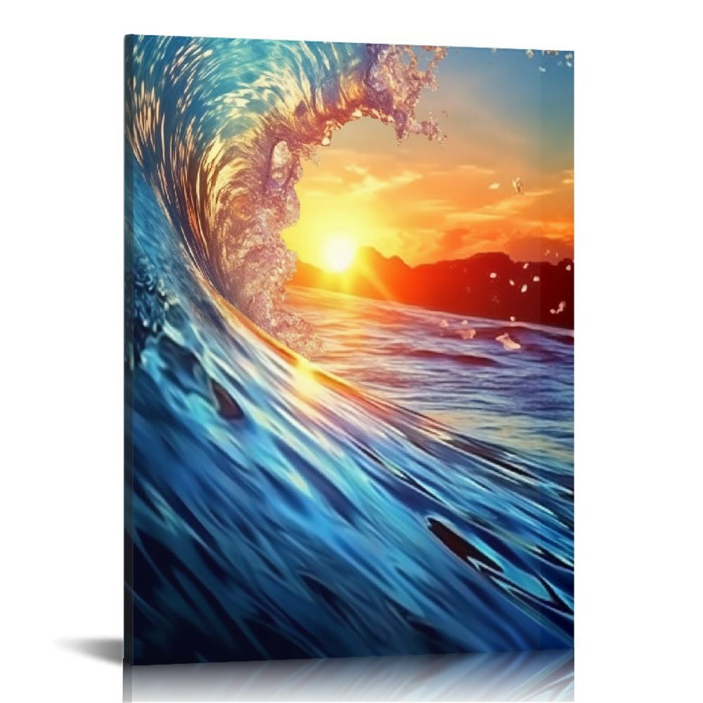 JEUXUS Black Framed Sunrise Ocean Waves Canvas Wall Art For Living Room ...