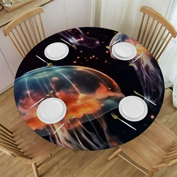 RUIYC Black Jellyfish Table Cloth Round Cover Round Fitted Tablecloth with Elastic Round Waterproof Outdoor Tablecloth