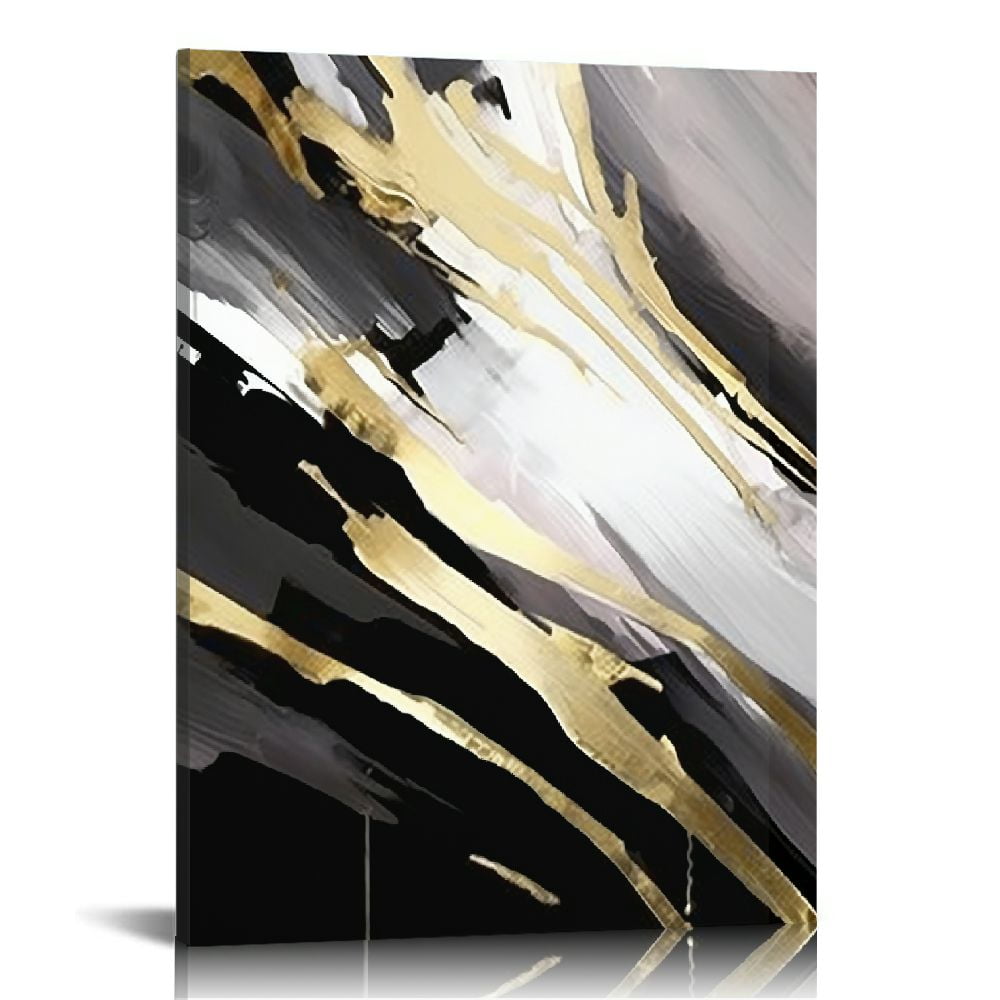 JEUXUS Black White Gray Gold Abstract Wall Art Black And Gray And Pictures Gold Foil Canvas Grey ...