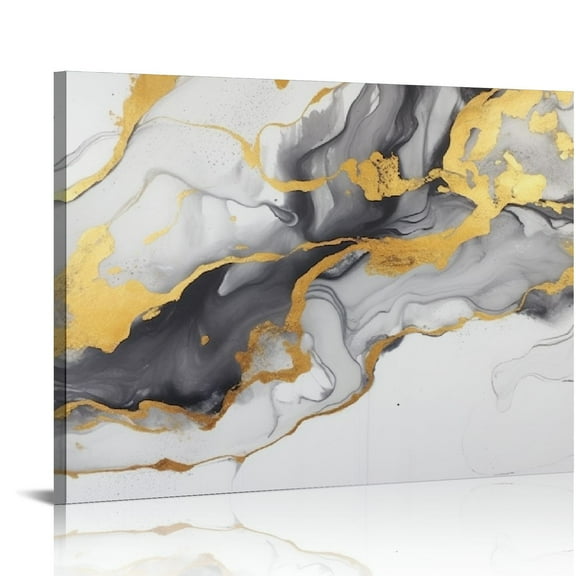 JEUXUS Black and White Grey Abstract Art,modern Framed Gold Fluid Ink Canvas Wall Art Prints,Wall Art for Bedroom Living Room Office Wall Decor Picture Artwork Home Decor Ready to Hang 20x16 inch