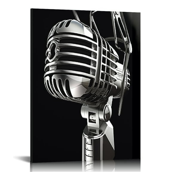 JEUXUS  Black White Music Wall Art Microphone Headset with Musical Note Picture Canvas Painting Vintage Artwork Giclee Print Home Living Room Bedroom Decor 16x20in