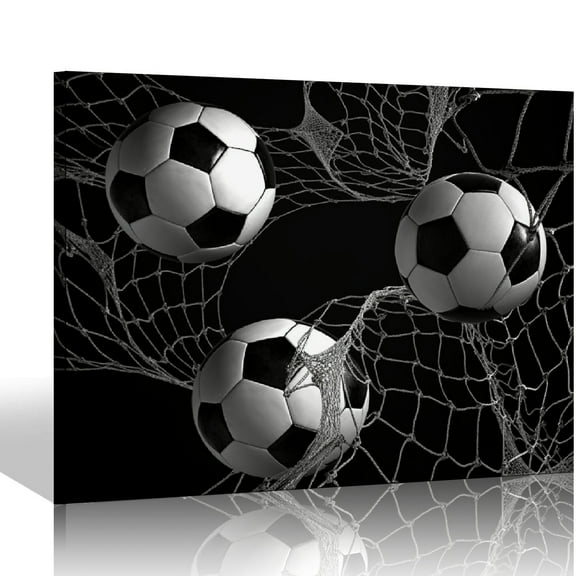 JEUXUS Black and White Soccer Football Balls Wall Art Posters Picture Sports Themed Canvas Prints for Boys Bedroom Décor Kids Room Sports Room Game Room Great Gift Framed 20x16 inch