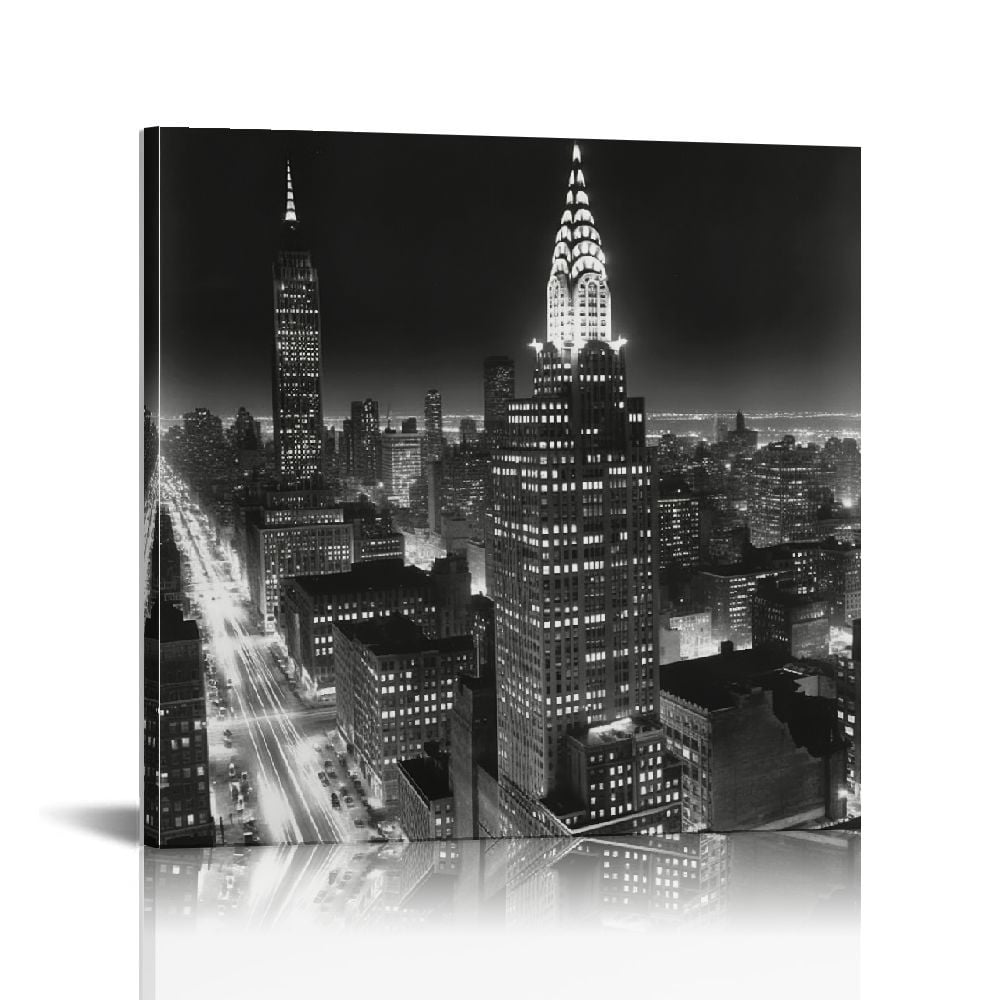 JEUXUS Black and White Wall Art Canvas New York City Night Scenes Modern Cityscape Building