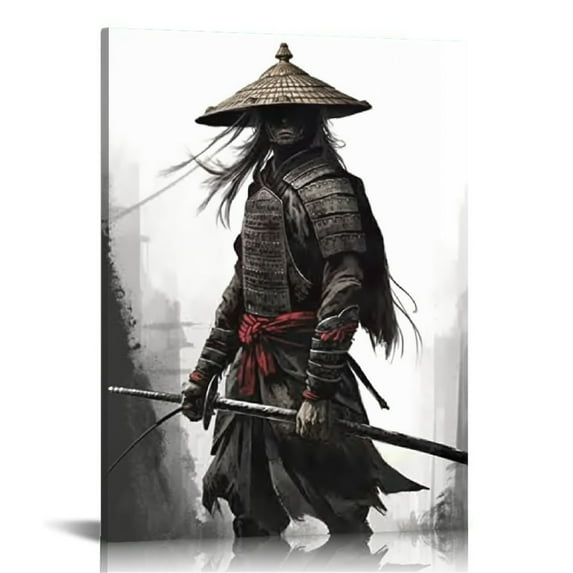 JEUXUS Black and White Samurai Wall Art Japanese Samurai Portraits Poster Bushido Canvas Prints for Living Room Decor Frame 16x20in