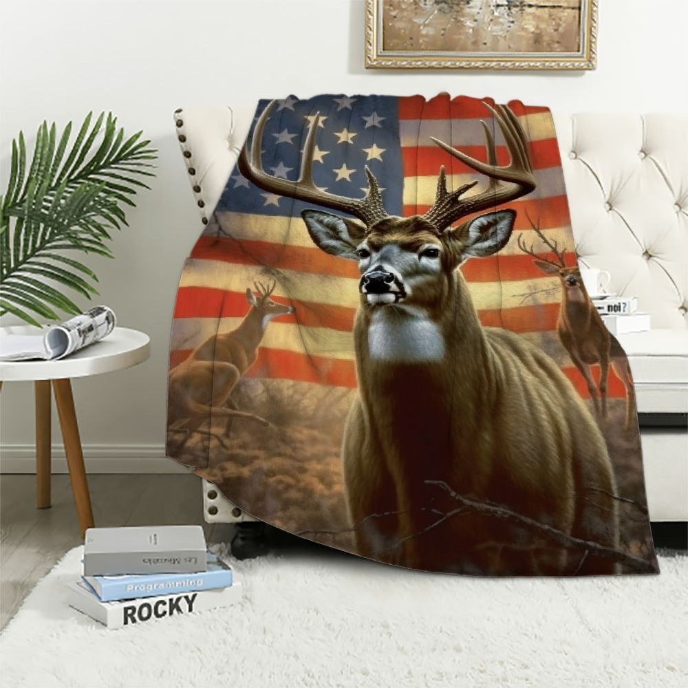 JEUXUS Blanket American Flag Deer Plush Throw Blankets US Flags Elk