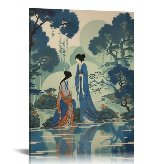 JEUXUS Blue And Green Chinese Dynasty Scenic Canvas Print Pictures Artwork Decoration Chinoiserie Asian Style Canvas Wall Art Ready To Hang For Living Room Bathroom Bedroom Office