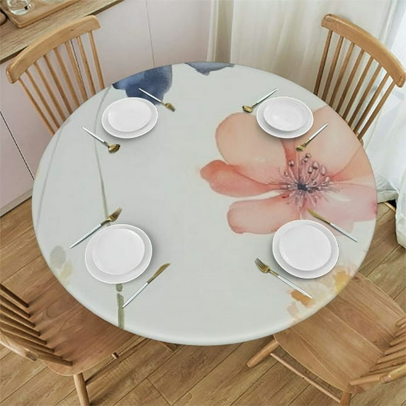 JEUXUS Blue Beige Flowers Fabric Waterproof Tablecloth,Watercolor Oil-Proof Resistant Table Cover for Dining Table, Modern Minimalist White Buffet Parties and Campin,