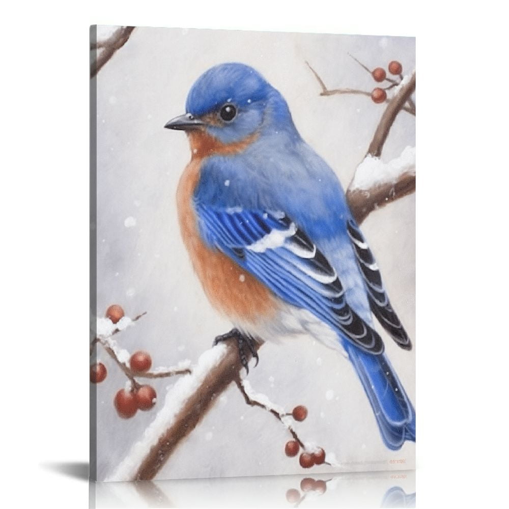 JEUXUS Blue Bird Wall Decor Art: Love Bluebirds on Branch in Snowy