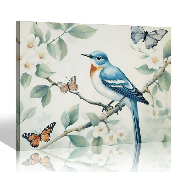 JEUXUS Blue Bird Wall Decor Bird Pictures Wall Decor Blue Bird Picture Vintage Bird Wall Decor Plum Blossom Elegant Painting with Birds for Bedroom 20x16 inch