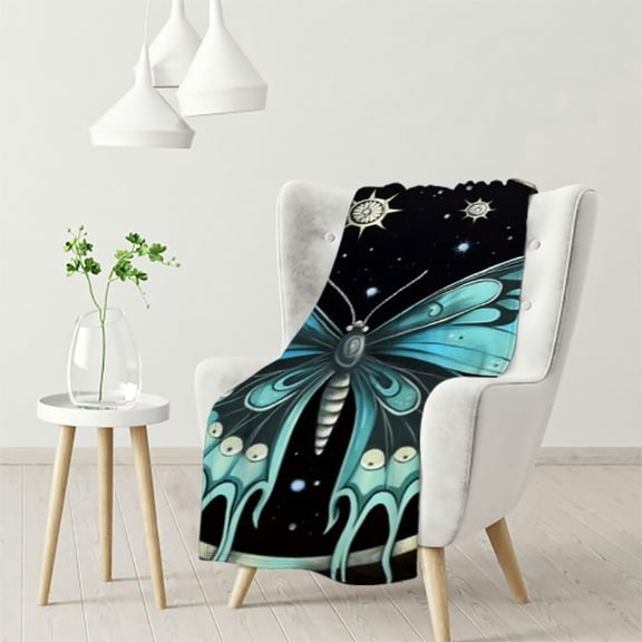 JEUXUS Blue Butterfly Throw Blanket for Bed Sofa 40x50 Size,Dragonfly Moth Mushroom Blanket Moon Phase Blanket Starry Sky Sherpa Blanket,Hippie Wild Fungus Plush Blanket Boho Bohemian Fuzzy
