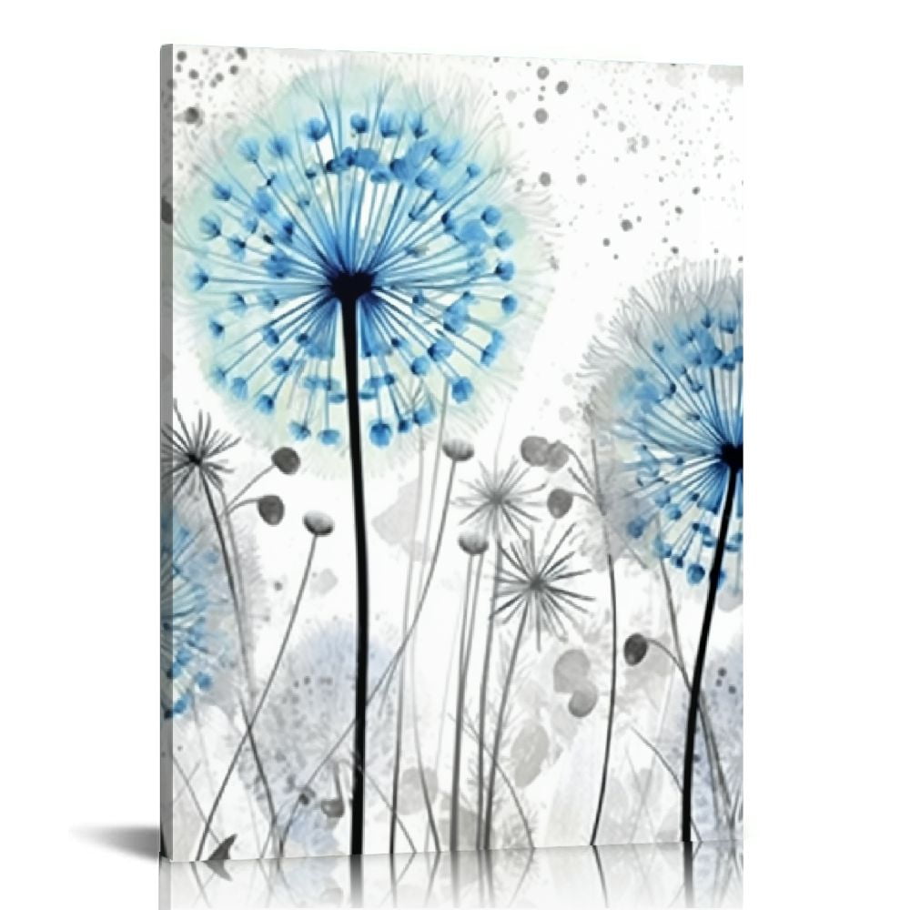 JEUXUS Blue Dandelion Wall Art Set Grey Abstract Flower Canvas Artwork ...