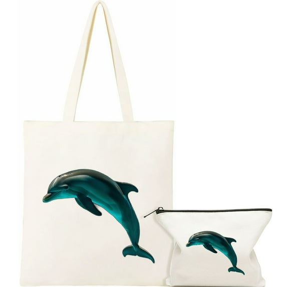 JEUXUS Blue Dolphin Tote Bag for Women Canvas 2 Pcs Cute Aesthetic Tote Bags with Zipper White
