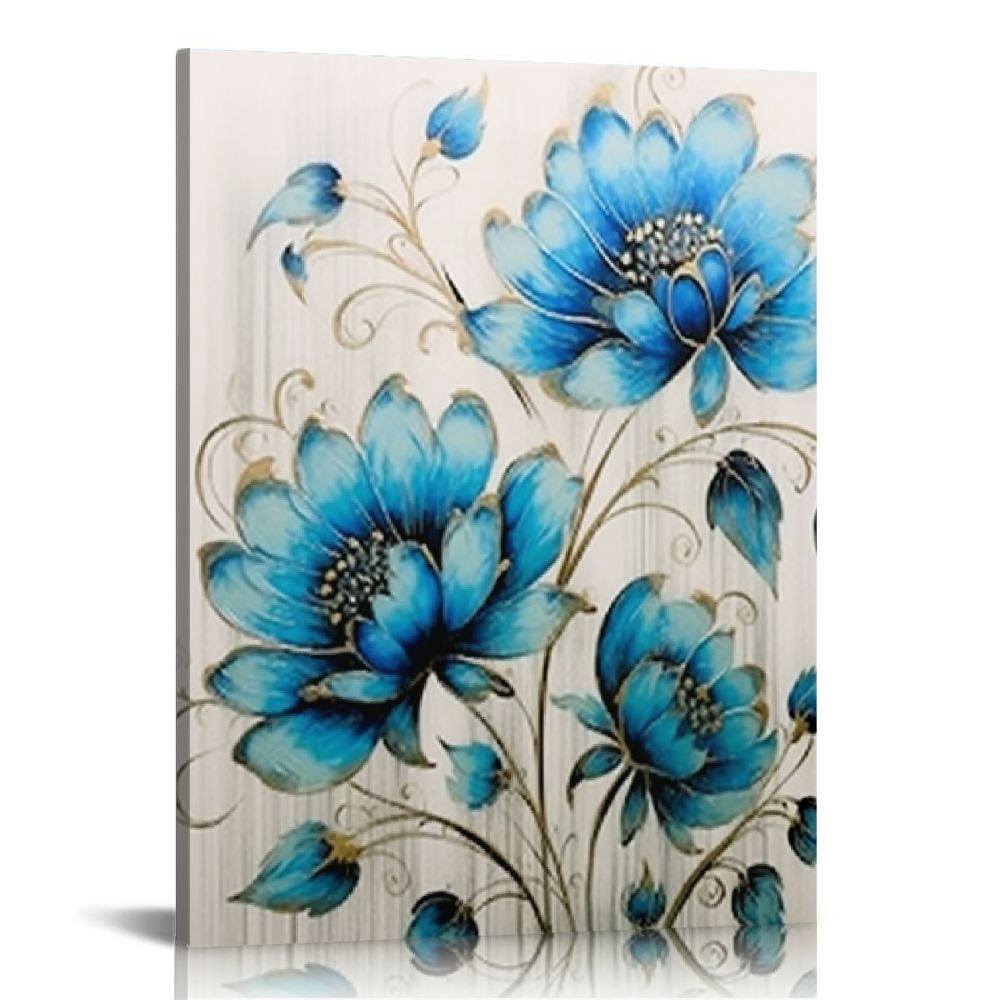 JEUXUS Blue Flower Painting Abstract Modern Wall Art Turquoise Floral ...