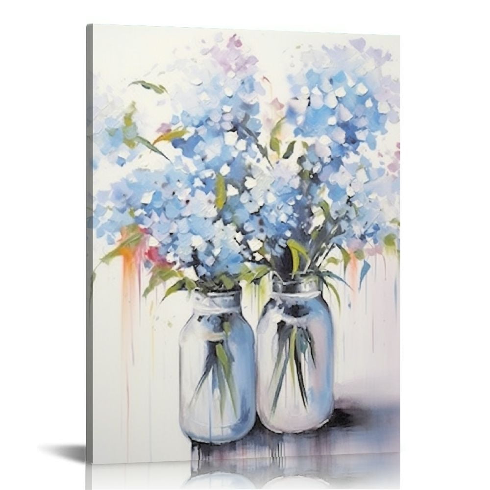 JEUXUS Blue Flowers Canvas Wall Art: Abstract Bouquet in Vase Artwork ...