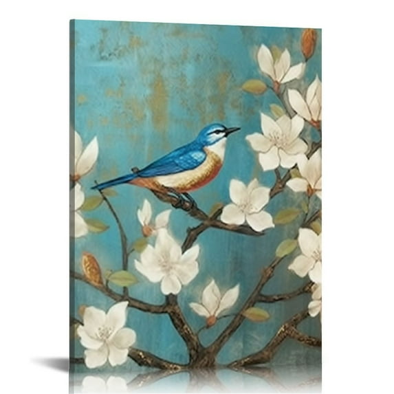 JEUXUS Blue Gold Blackgroud Flowers Birds Tree Branch Paintings Poster for Bedroom Blue and Gold Flowers Birds Print Artwork for for Living Room Office Kitchen Home Décor 12"x16