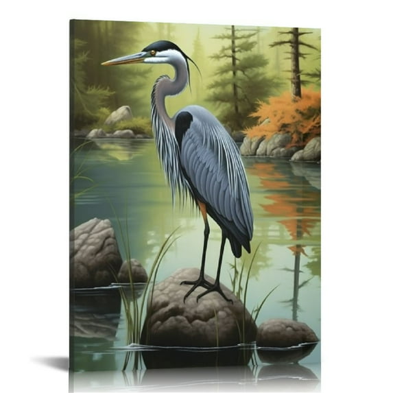JEUXUS Blue Herons Standing Over Lake Pattern Canvas Wall Art For Living Bedroom Office Kitchen Decor Wood Frame Artwork Pattern Gifts