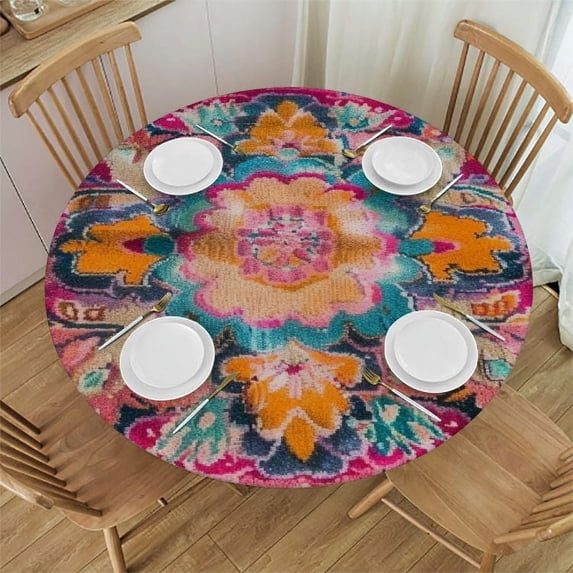 RUIYC Blue Orange Pink Round Tablecloth - Waterproof Fabric Table Cloth Protector, Boho Century Geometric Abstract Tablecloths Washable Table Cover for Kitchen Banquet Party White