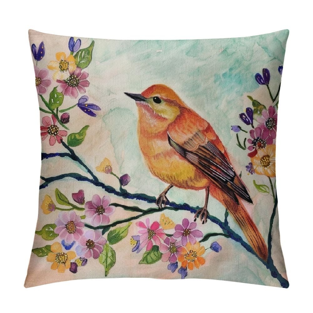 JEUXUS Blue Purple Cream Bird Floral Pillow Covers Watercolor Floral