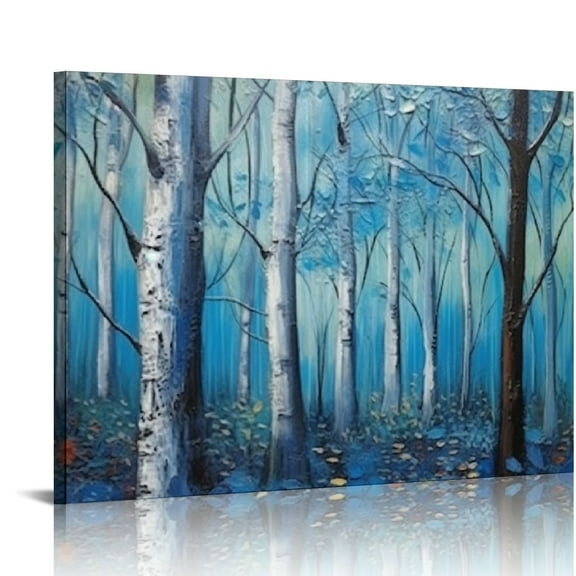 JEUXUS Blue Tree Canvas Wall Art Forest Landscape Picture Modern Birch Trees Nature Teal Abstract Painting Artwork, Large Size Framed for Home Office Living Room Bedroom Bathroom Wall Decor