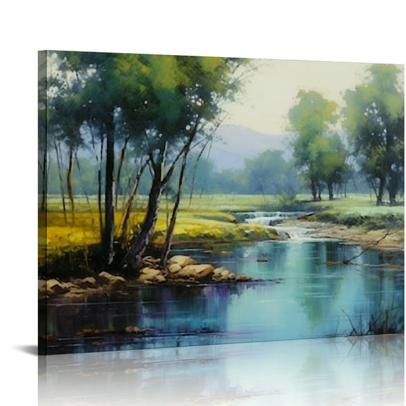JEUXUS Blue Tree Canvas Wall Art Forest Landscape Picture Rustic Nature River Painting Summer Artwork, Retro for Living Room Bedroom Bathroom Home Office Wall Decor